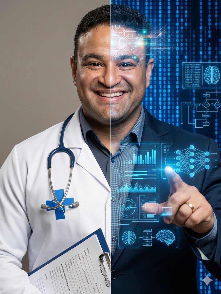 Don Martins · médico e especialista em IA · jaleco branco em ambiente de consultório